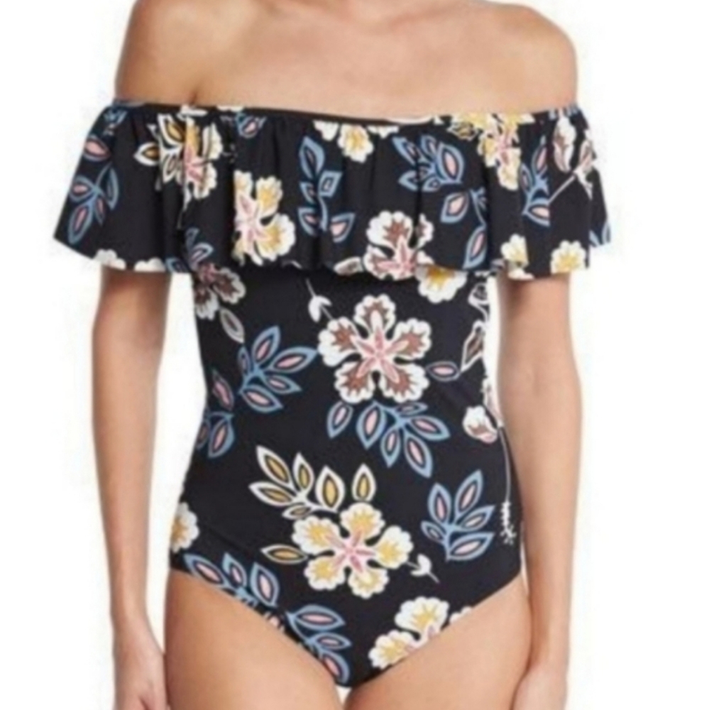 Tory Burch Hopewell Ruffled One Piece Swimsuit Flowers Off-The-Shoulder Size XS - Picture 2 of 8